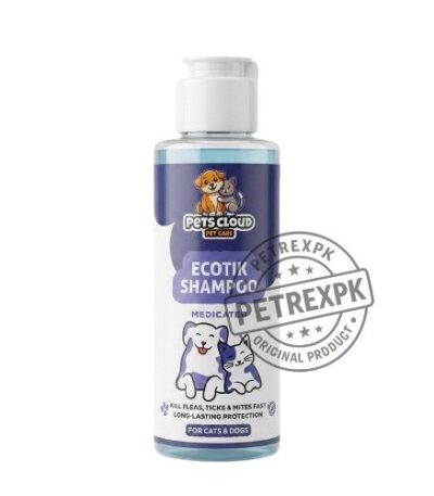 Pets Cloud Ecotik medicated flea tick and mite shampoo bottle for cats and dogs on Petrex pk