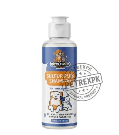 Pets Cloud Sulfur Plus antimicrobial shampoo bottle for cats and dogs on Petrex pk