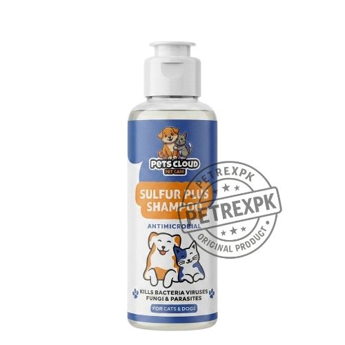 Pets Cloud Sulfur Plus antimicrobial shampoo bottle for cats and dogs on Petrex pk