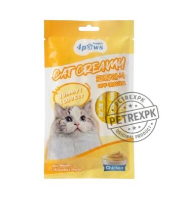 4 Paws Naughty Cat Creamy Treats Chicken Flavor package showing 5 sticks for cats