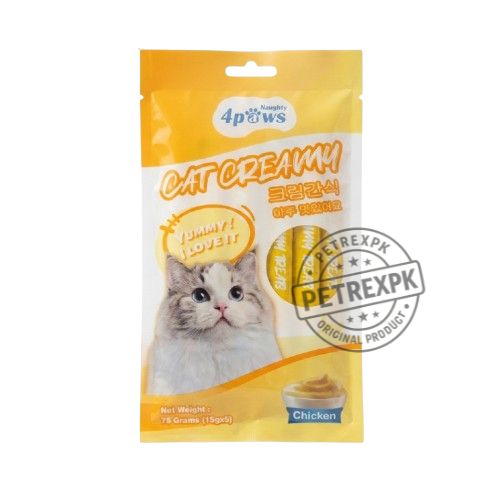 4-paws-naughty-cat-creamy-treats-chicken-flavor-75g 4 Paws Naughty Cat Creamy Treats Chicken Flavor package showing 5 sticks for cats